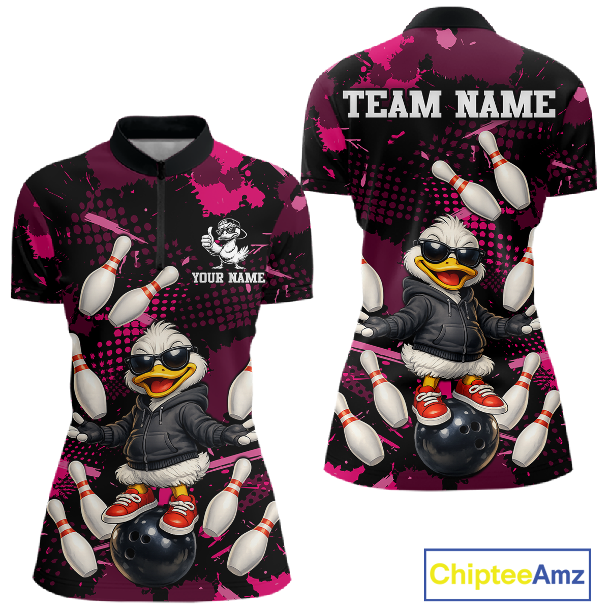 Custom Pink Funny Duck Bowling Shirt for Women Bowling Jersey Polo & 1/4 Zip Bowling Outfit QZT943