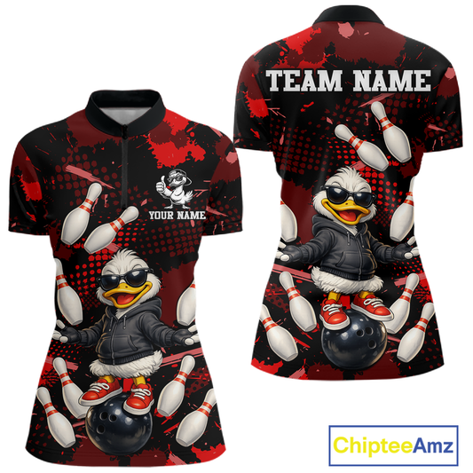 Custom Red Funny Duck Bowling Shirt for Women Bowling Jersey Polo & 1/4 Zip Bowling Outfit QZT943