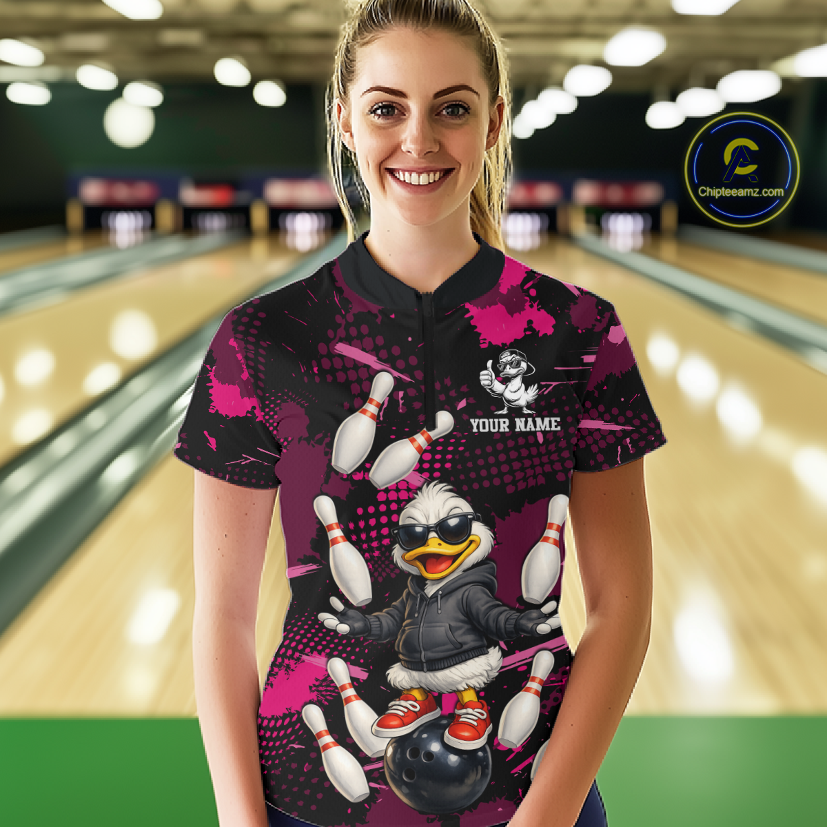 Custom Pink Funny Duck Bowling Shirt for Women Bowling Jersey Polo & 1/4 Zip Bowling Outfit QZT943