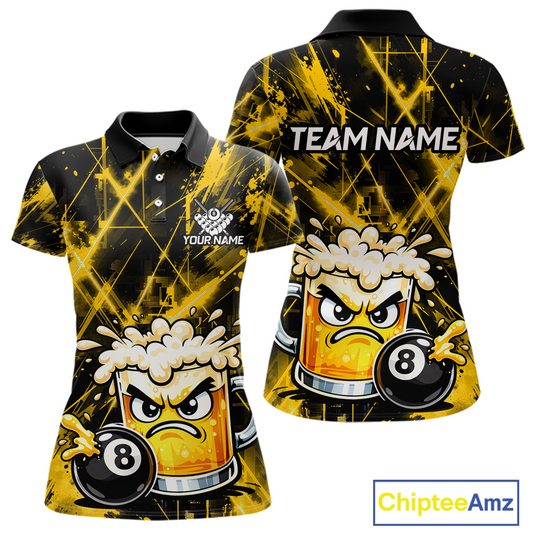 Custom Yellow Funny Beer Billiard Shirt for Women Billiard Jersey 8 Ball Pool Shirt Outfit BHT23