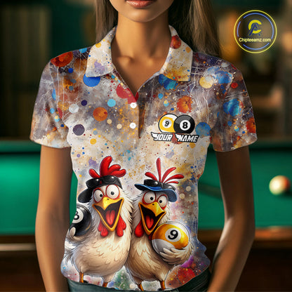 Custom Funny Chicken Billiard Shirt for Women Colorful 8 Ball & 9 Ball Shirt Buddy Billiard Jersey BHT42