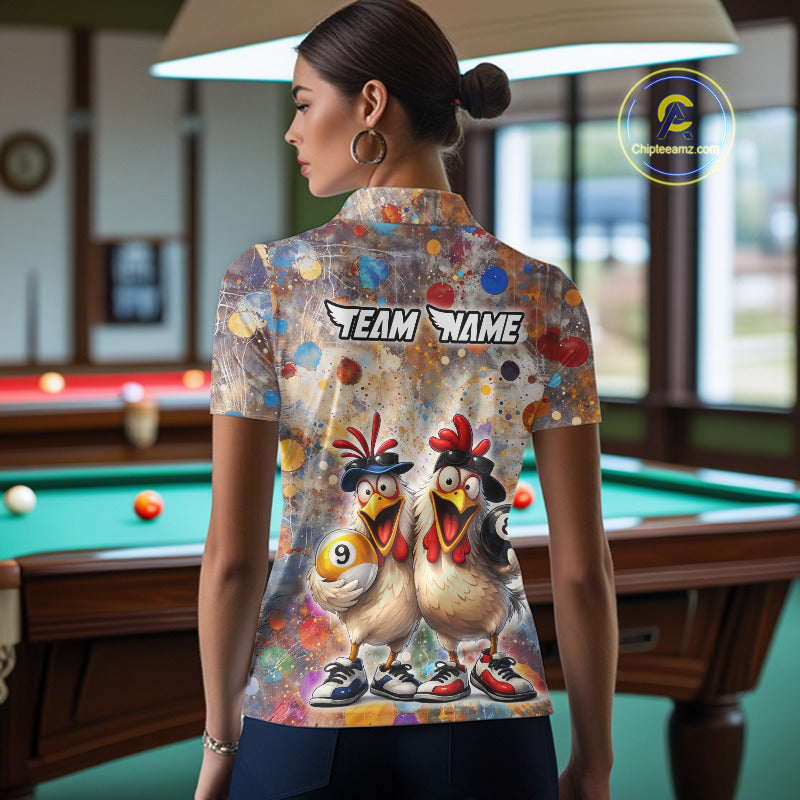 Custom Funny Chicken Billiard Shirt for Women Colorful 8 Ball & 9 Ball Shirt Buddy Billiard Jersey BHT42