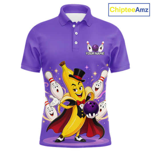 Purple polo shirt with cartoon character and bowling pins on a white background, branded 'ChipteeAmz'.