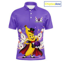 Load image into Gallery viewer, Purple polo shirt with cartoon character and bowling pins on a white background, branded 'ChipteeAmz'.