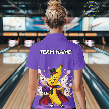 Person wearing a purple bowling shirt with a cartoon character and 'TEAM NAME' text in a bowling alley.