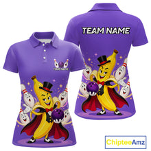 Load image into Gallery viewer, Purple polo shirt with cartoon bananas and bowling balls, customizable text on a white background