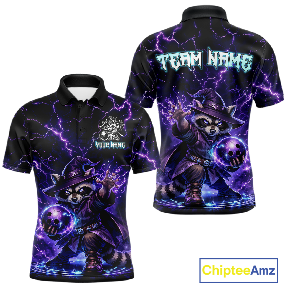 Personalized Raccoon Wizard Bowling Shirt for Men Purple Thunder Lightning Bowling Jersey QZT920