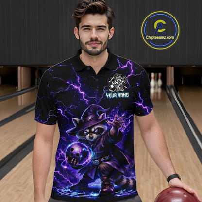 Personalized Raccoon Wizard Bowling Shirt for Men Purple Thunder Lightning Bowling Jersey QZT920