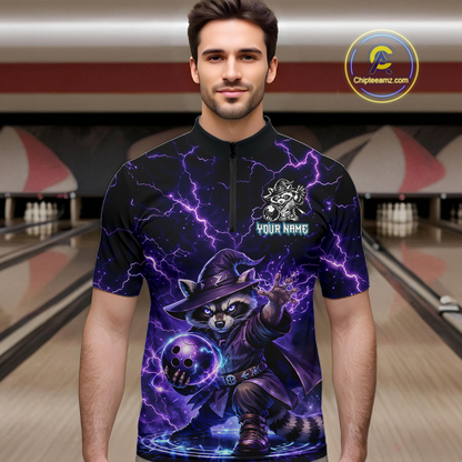Personalized Raccoon Wizard Bowling Shirt for Men Purple Thunder Lightning Bowling Jersey QZT920
