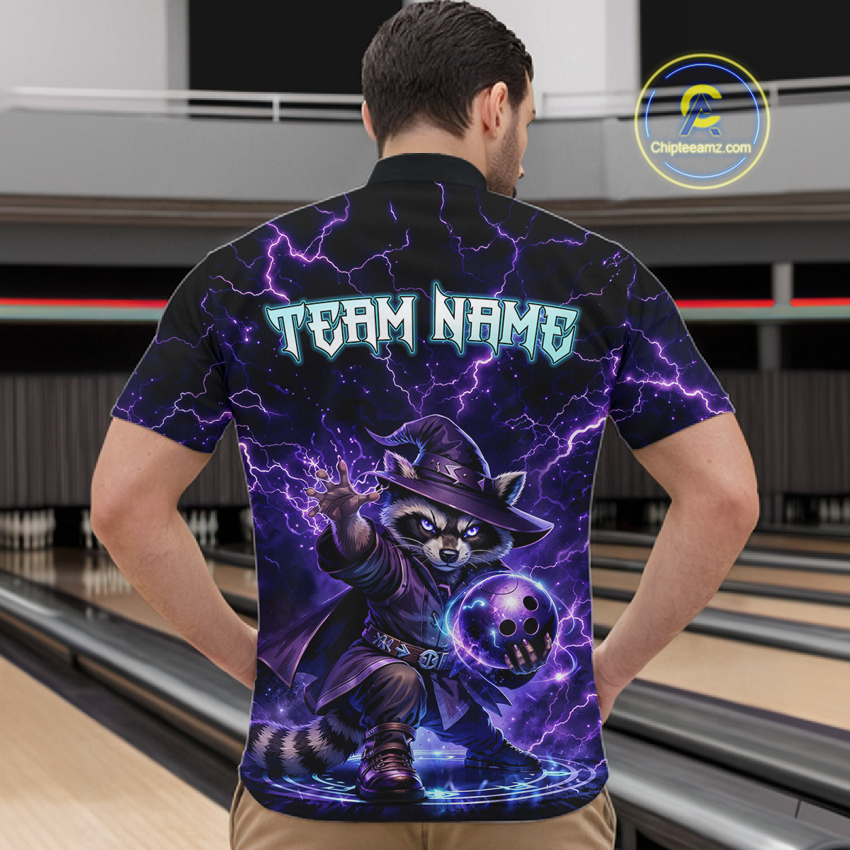 Personalized Raccoon Wizard Bowling Shirt for Men Purple Thunder Lightning Bowling Jersey QZT920