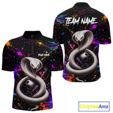 Load image into Gallery viewer, Colorful bowling shirt with snake design and customizable text on a white background