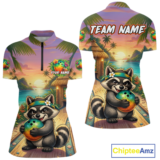 Floral Raccoon Bowling Shirt for Women Custom Bowling Team Jersey Polo & Quarter-Zip QZT993