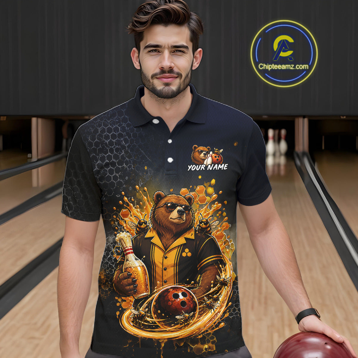 Man wearing custom black & gold bear bee & beer bowling polo shirt, front view mockup, personalized bowling league jersey.