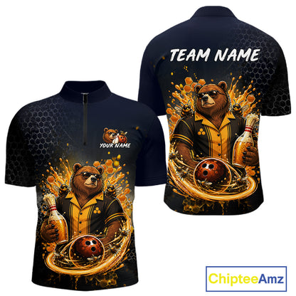  Custom black & gold bear bee & beer bowling quarter-zip shirt, front and back views, bowling league jersey for men