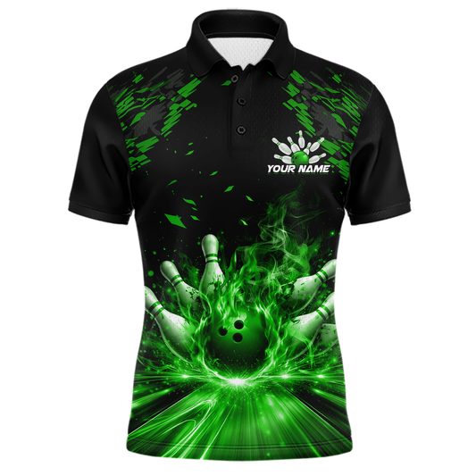 Custom Green Flame Bowling Team Shirt for Men Polo & 1/4-Zip Bowling Jersey Bowling League Uniform QZT866