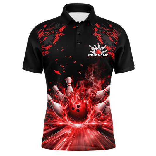 Custom Red Flame Bowling Team Shirt for Men Polo & 1/4-Zip Bowling Jersey Bowling League Uniform QZT866