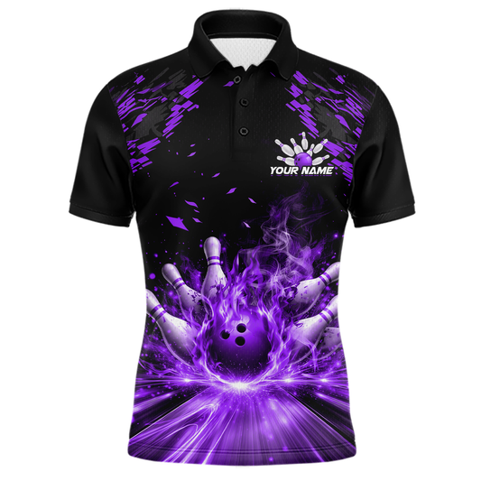 Custom Purple Flame Bowling Team Shirt for Men Polo & 1/4-Zip Bowling Jersey Bowling League Uniform QZT866