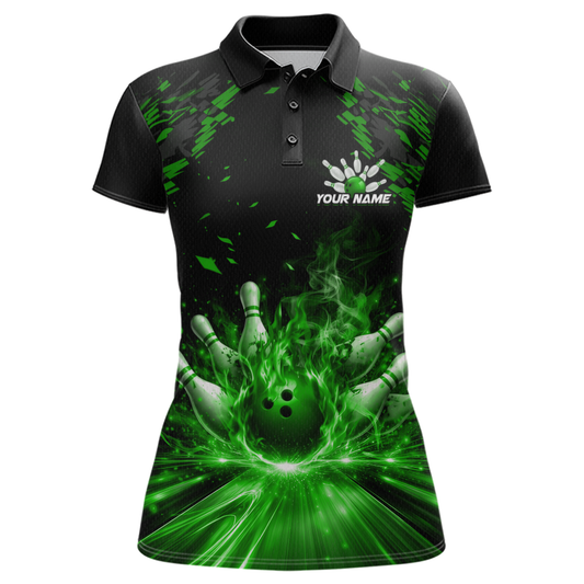 Custom Green Flame Bowling Team Shirt for Women Polo & 1/4-Zip Bowling Jersey Bowling League Uniform QZT866