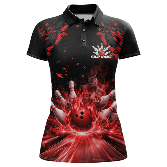 Custom Red Flame Bowling Team Shirt for Men Polo & 1/4-Zip Bowling Jersey Bowling League Uniform QZT866