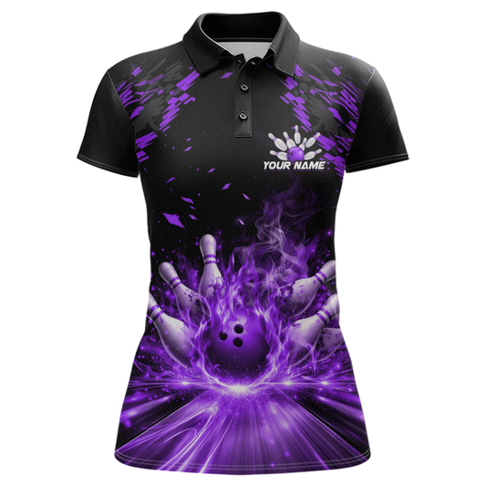 Custom Purple Flame Bowling Team Shirt for Men Polo & 1/4-Zip Bowling Jersey Bowling League Uniform QZT866