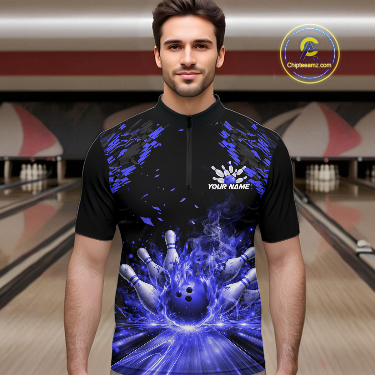 Custom Blue Flame Bowling Team Shirt for Men Polo & 1/4-Zip Bowling Jersey Bowling League Uniform QZT866
