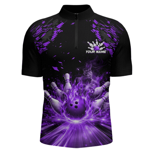 Custom Purple Flame Bowling Team Shirt for Men Polo & 1/4-Zip Bowling Jersey Bowling League Uniform QZT866