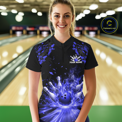 Custom Blue Flame Bowling Team Shirt for Women Polo & 1/4-Zip Bowling Jersey Bowling League Uniform QZT866