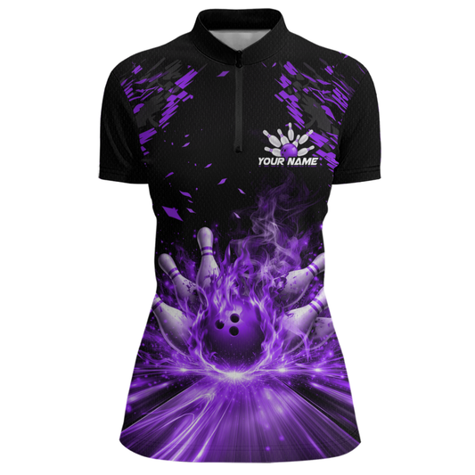 Custom Purple Flame Bowling Team Shirt for Men Polo & 1/4-Zip Bowling Jersey Bowling League Uniform QZT866