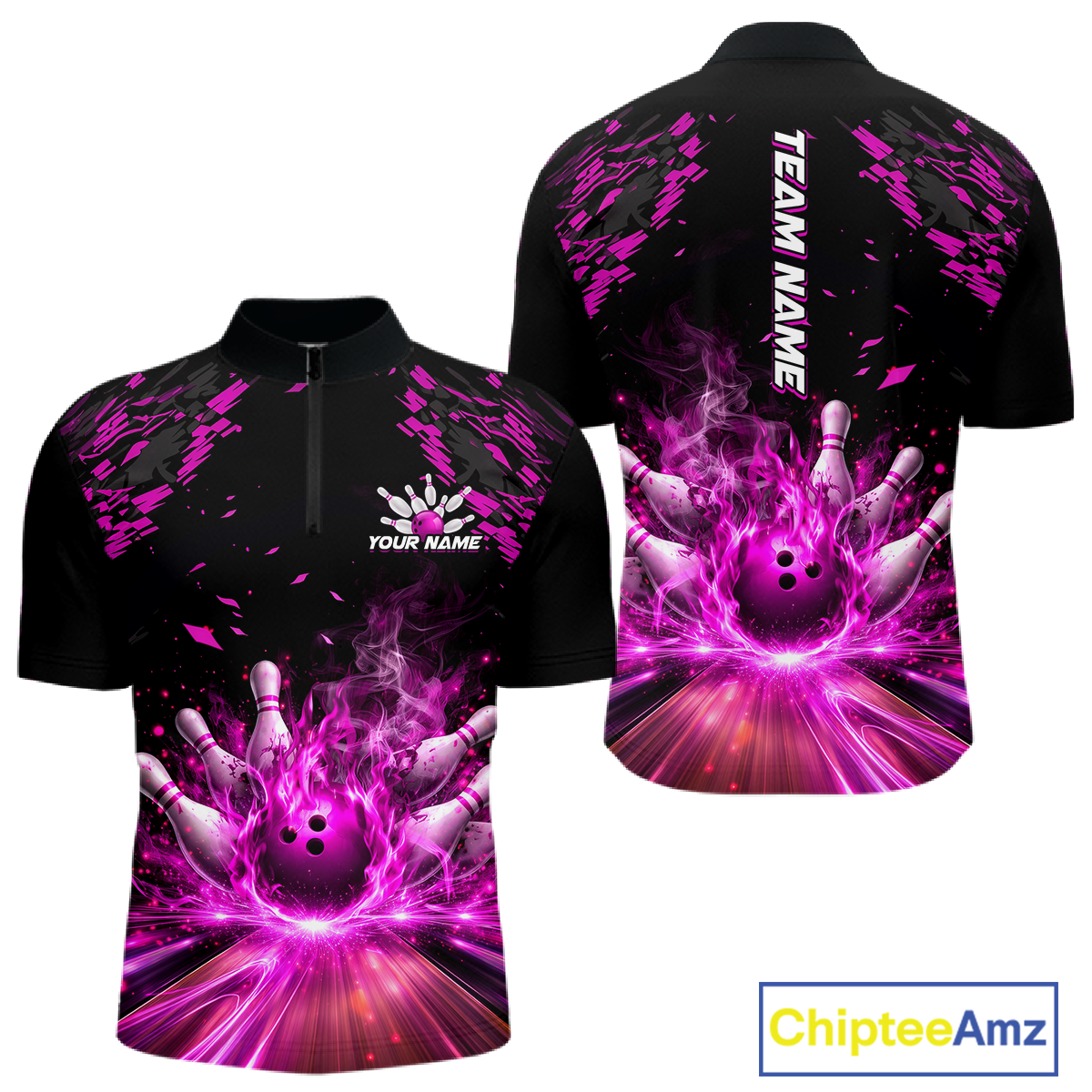 Custom Pink Flame Bowling Team Shirt for Men Polo & 1/4-Zip Bowling Jersey Bowling League Uniform QZT866