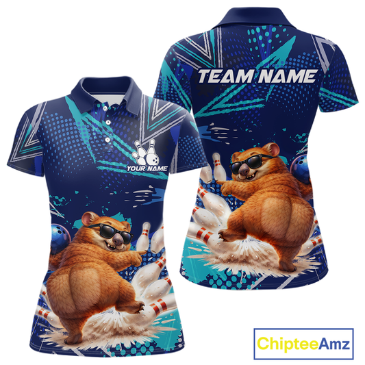 Custom Funny Wombat Bowling Team Shirt Navy Bowling Jersey for Women Bowling Performance QZT924