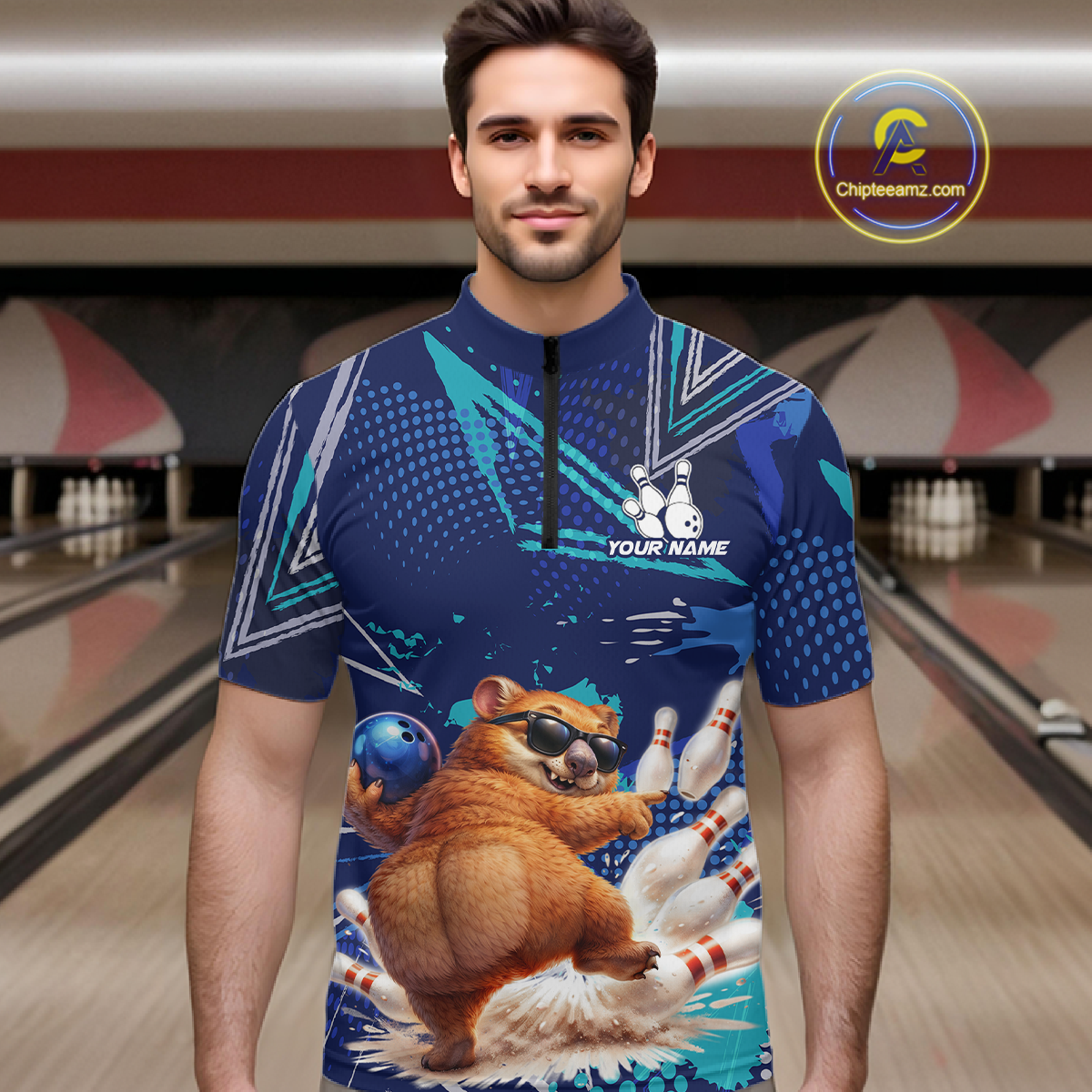 Custom Funny Wombat Bowling Team Shirt Navy Bowling Jersey for Men Bowling Performance QZT924