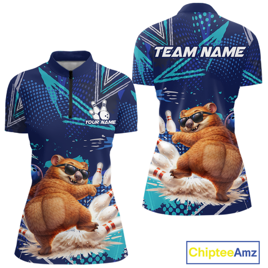 Custom Funny Wombat Bowling Team Shirt Navy Bowling Jersey for Women Bowling Performance QZT924