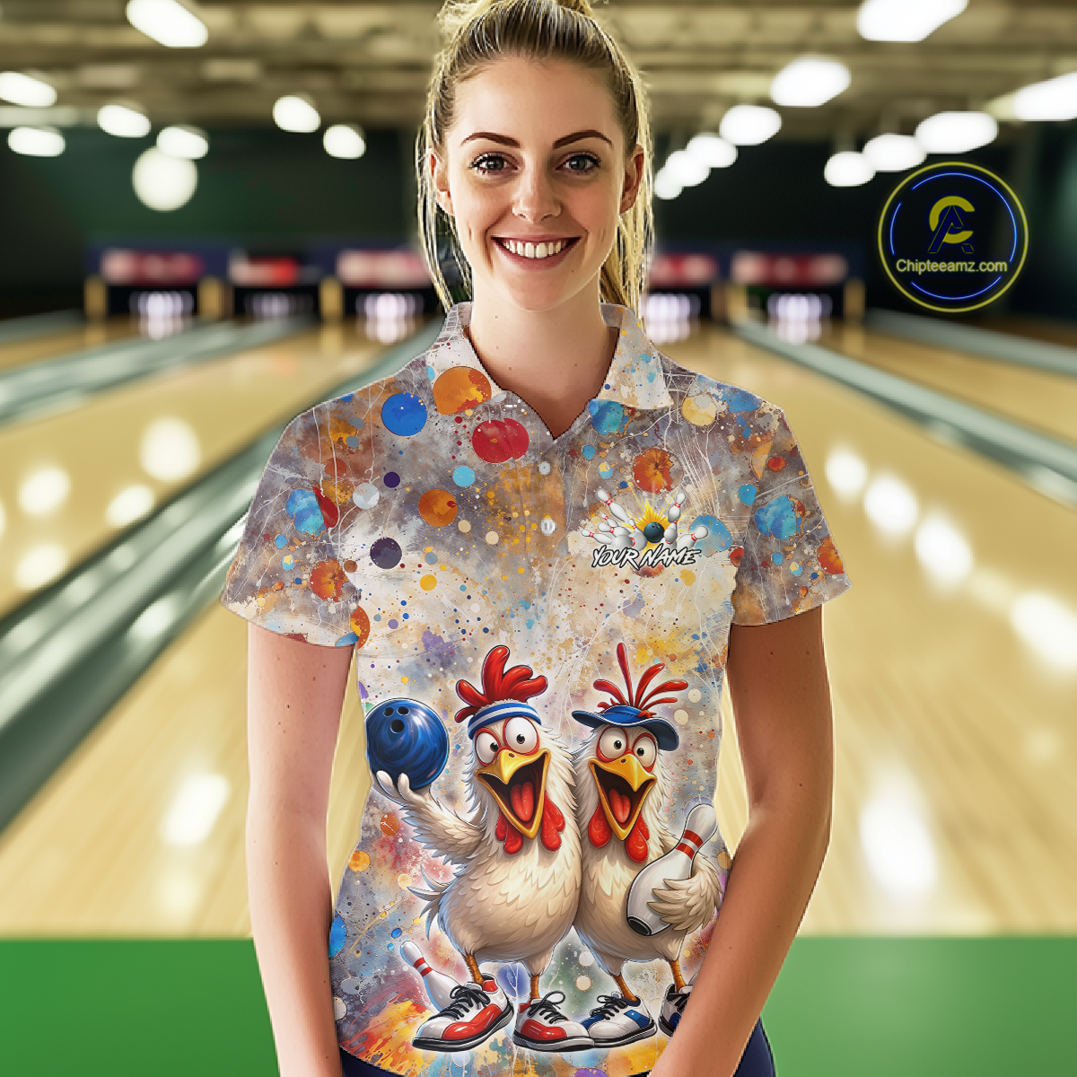 Custom Funny Chicken Bowling Team Shirt for Women Colorful Bowling Buddy Shirt Polo & 1/4 Bowling Outfit QZT955
