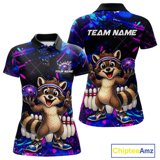 Custom Neon Funny Raccoon Bowling Team Jersey for Women Bowling Shirt Bowling Tournament Polo & 1/4-Zip QZT957