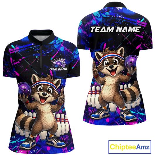 Custom Neon Funny Raccoon Bowling Team Jersey for Women Bowling Shirt Bowling Tournament Polo & 1/4-Zip QZT957