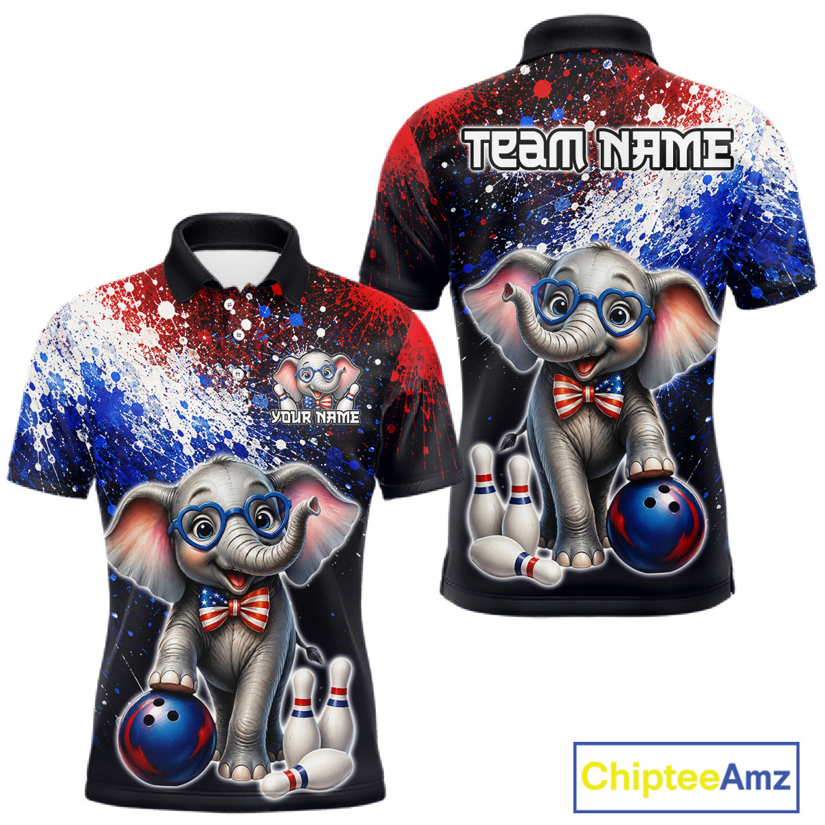 Custom American Flag elephant bowling polo shirt, front and back views, bowling league jersey for men