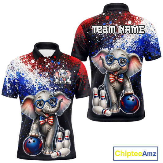 Custom American Flag elephant bowling polo shirt, front and back views, bowling league jersey for men