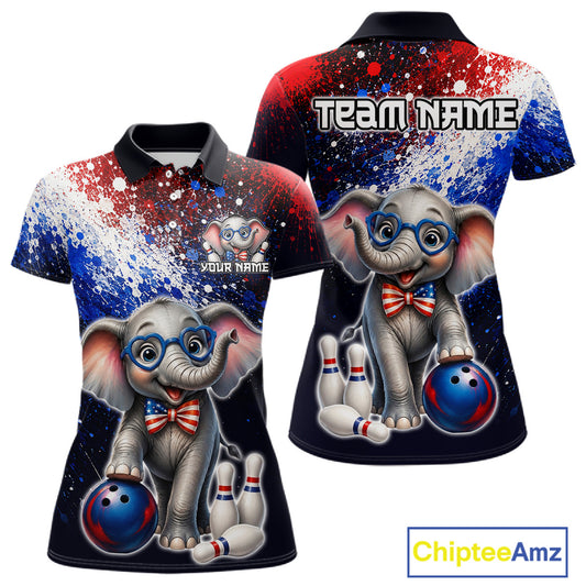 Custom American Flag elephant bowling polo shirt, front and back views, bowling league jersey for women
