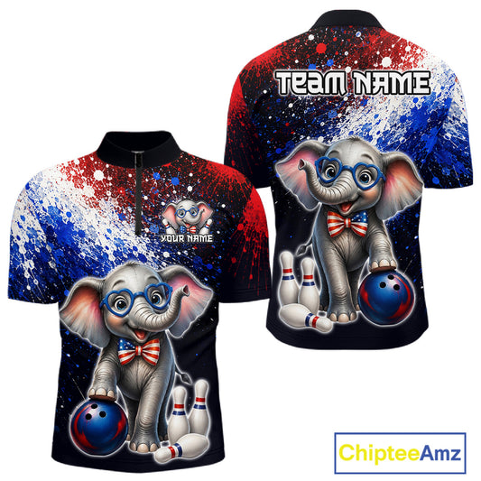 Custom American Flag elephant bowling quarter-zip shirt, front and back views, bowling league jersey for men