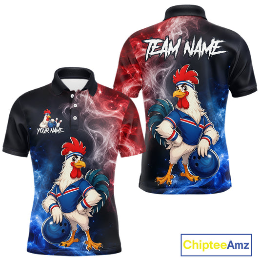 Custom American Flag smoke funny rooster bowling polo shirt, front and back views, bowling league jersey for men