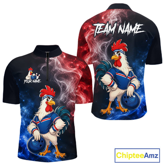 Custom American Flag smoke funny rooster bowling quarter-zip shirt, front and back views, bowling league jersey for men