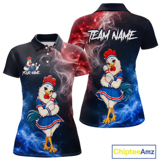 Custom American Flag smoke funny rooster bowling polo shirt, front and back views, bowling league jersey for women