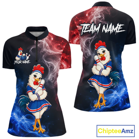 Custom American Flag smoke funny rooster bowling quarter-zip shirt, front and back views, bowling league jersey for women