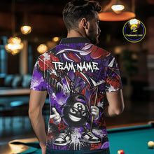 Load image into Gallery viewer, Man wearing a colorful polo shirt with a pool ball design in a billiards hall setting