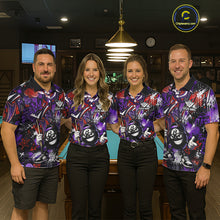 Load image into Gallery viewer, Four people wearing matching colorful billiard shirts in a pool hall.