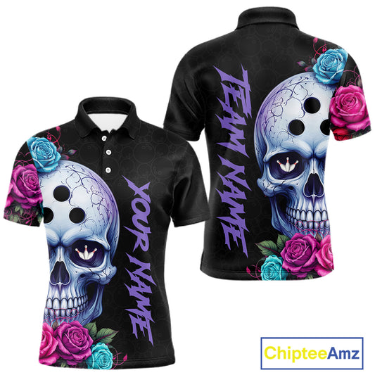 Black polo shirt with skull and floral design on front and back, customizable text.