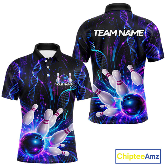 Custom Neon DNA bowling polo shirt, front and back views, bowling league jersey for men