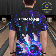 Load image into Gallery viewer, Man wearing custom Neon DNA  bowling polo shirt, back view mockup with team name design.