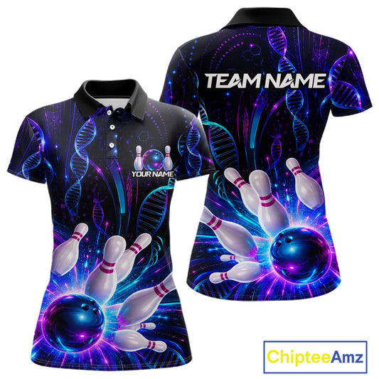 Custom Neon DNA bowling polo shirt, front and back views, bowling league jersey for women