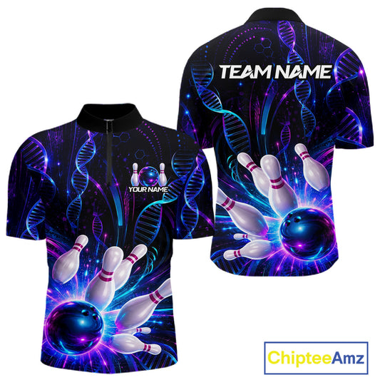 Custom Neon DNA bowling quarter-zip shirt, front and back views, bowling league jersey for men